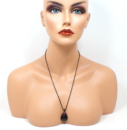 Goth Black Teardrop Handmade Resin Pendant Necklace with a Touch of Bright Pink