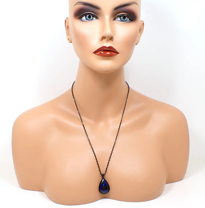 Goth Blue and Black Handmade Resin Teardrop Pendant Necklace