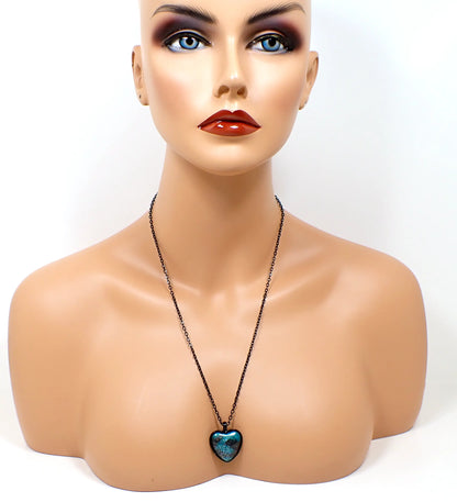 Teal Blue and Dark Gray Handmade Black Heart Resin Pendant Necklace with Holographic Glitter