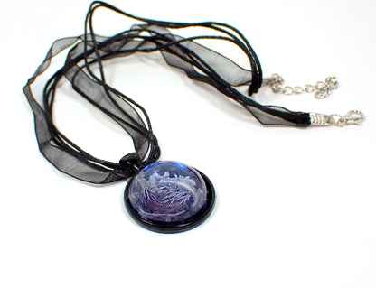Handmade Black and Iridescent Blue Domed Round Frost Resin Pendant Necklace, Biker Rocker Emo Goth