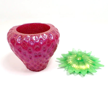 Handmade Pearly Pink and Green Resin Strawberry Trinket Box with Iridescent Pink Glitter
