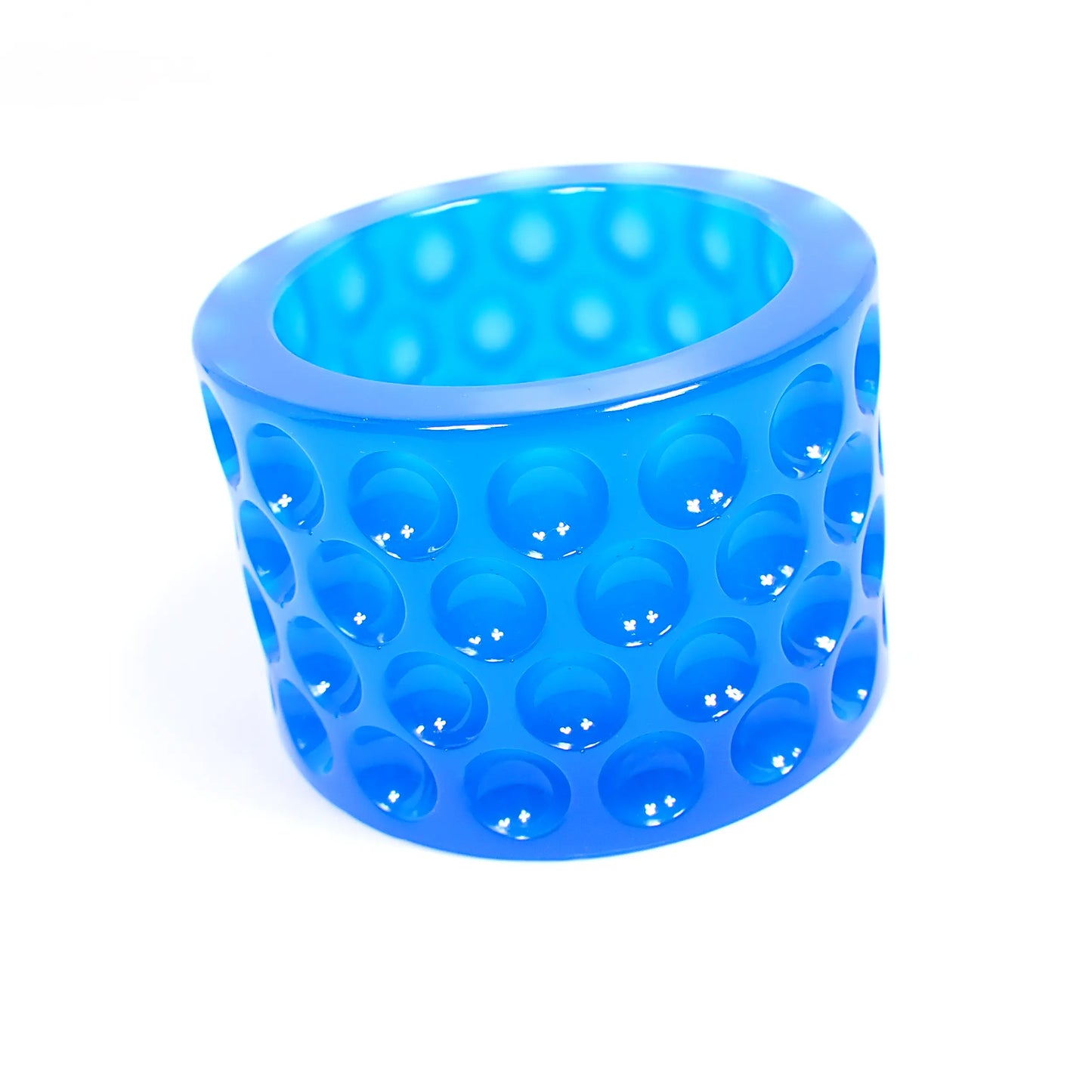 Small Round Cylindrical Handmade Neon Blue Resin Pot with Indented Dot Pattern