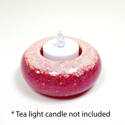 Handmade Round Pink and Iridescent Glitter Resin Tea Light Candle Holder