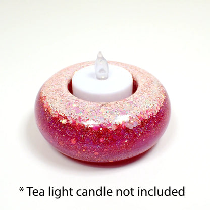 Handmade Round Pink and Iridescent Glitter Resin Tea Light Candle Holder, Flameless Tealight Candles Holder