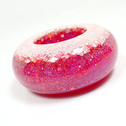 Handmade Round Pink and Iridescent Glitter Resin Tea Light Candle Holder, Flameless Tealight Candles Holder