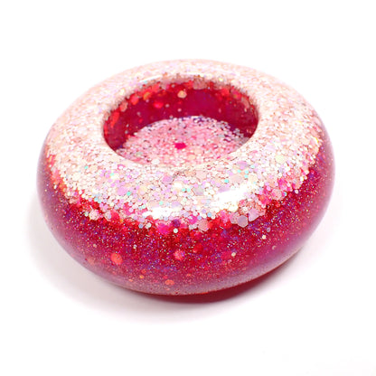 Handmade Round Pink and Iridescent Glitter Resin Tea Light Candle Holder, Flameless Tealight Candles Holder