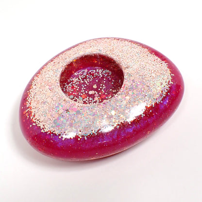 Handmade Asymmetrical Pink and Iridescent Glitter Resin Tea Light Candle Holder