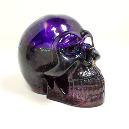 Handmade Pearly Dark Purple and Gray Resin Skull with Iridescent Glitter, Goth Halloween Decor