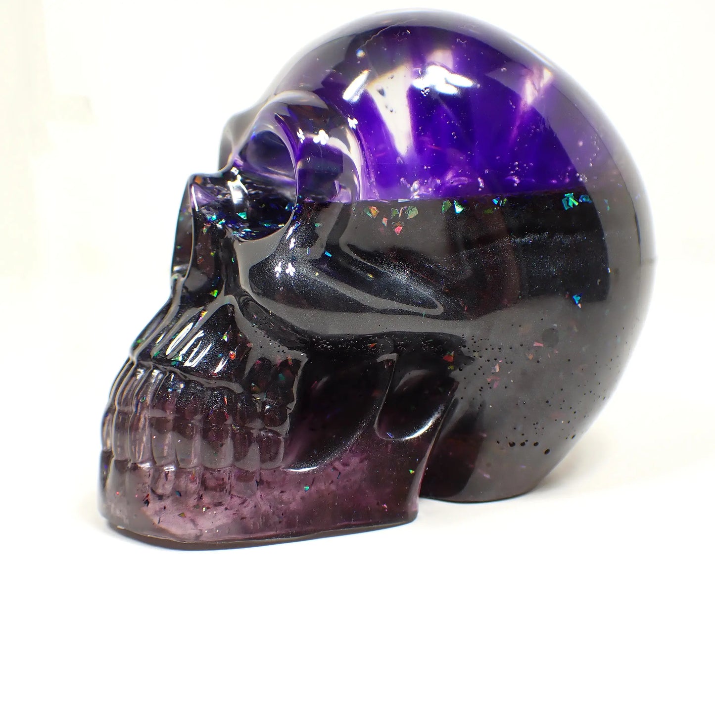 Handmade Pearly Dark Purple and Gray Resin Skull with Iridescent Glitter, Goth Halloween Decor
