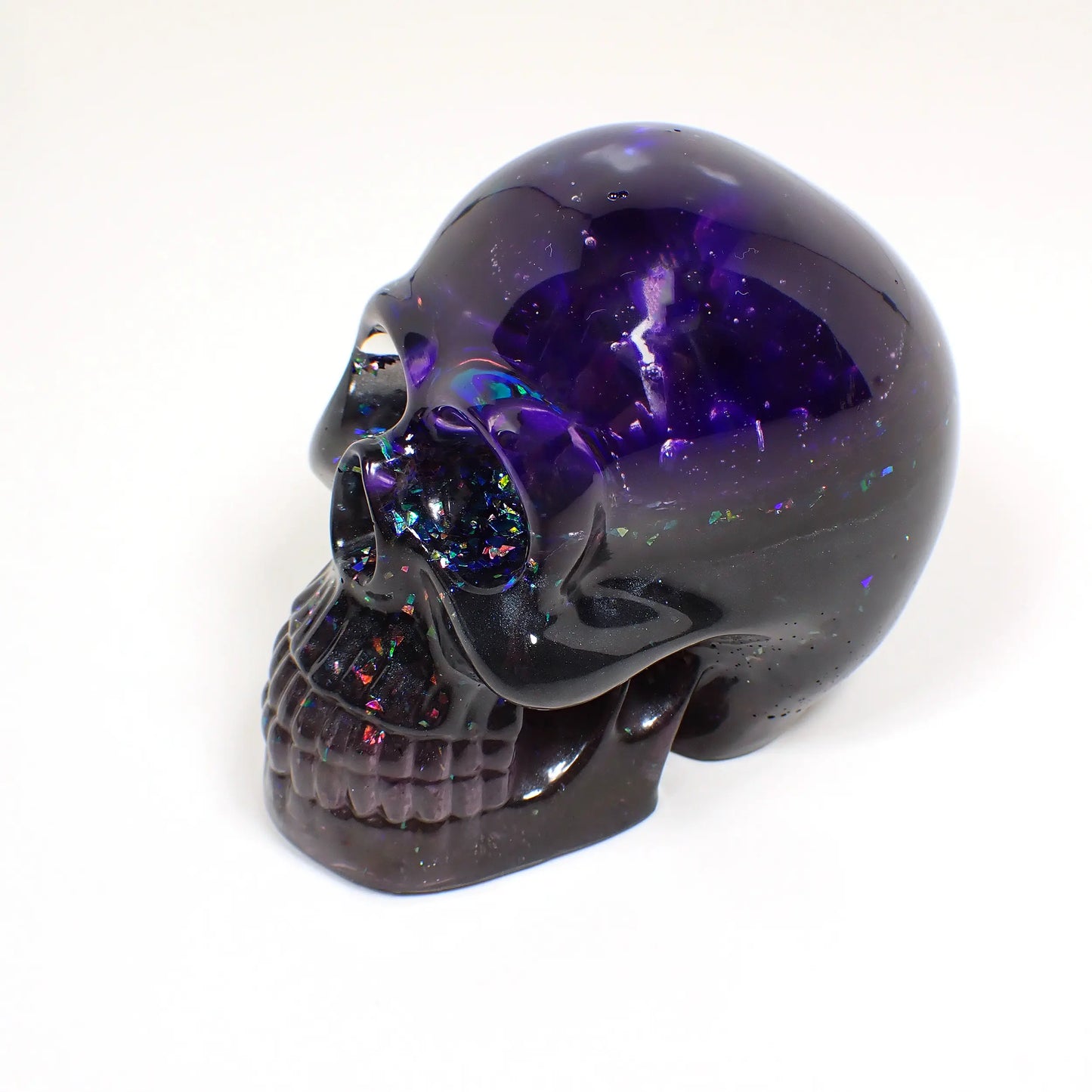 Handmade Pearly Dark Purple and Gray Resin Skull with Iridescent Glitter, Goth Halloween Decor