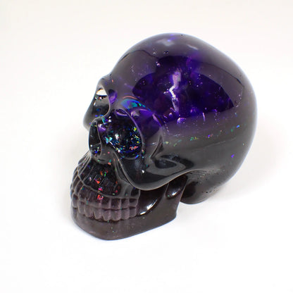 Handmade Pearly Dark Purple and Gray Resin Skull with Iridescent Glitter, Goth Halloween Decor