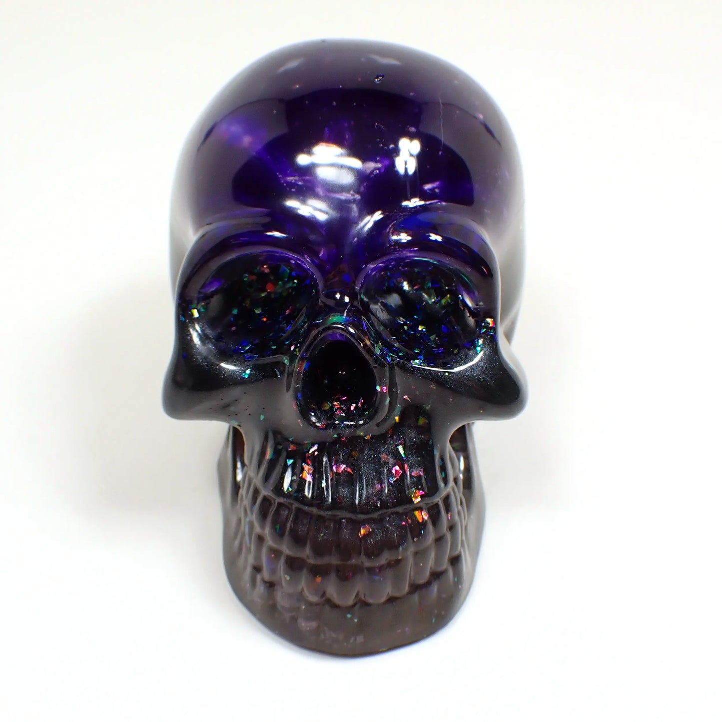 Handmade Pearly Dark Purple and Gray Resin Skull with Iridescent Glitter, Goth Halloween Decor