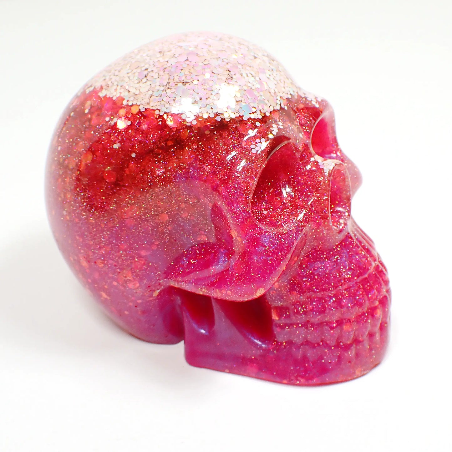 Handmade Bright Pink Resin Skull with Iridescent Glitter, Halloween Decor