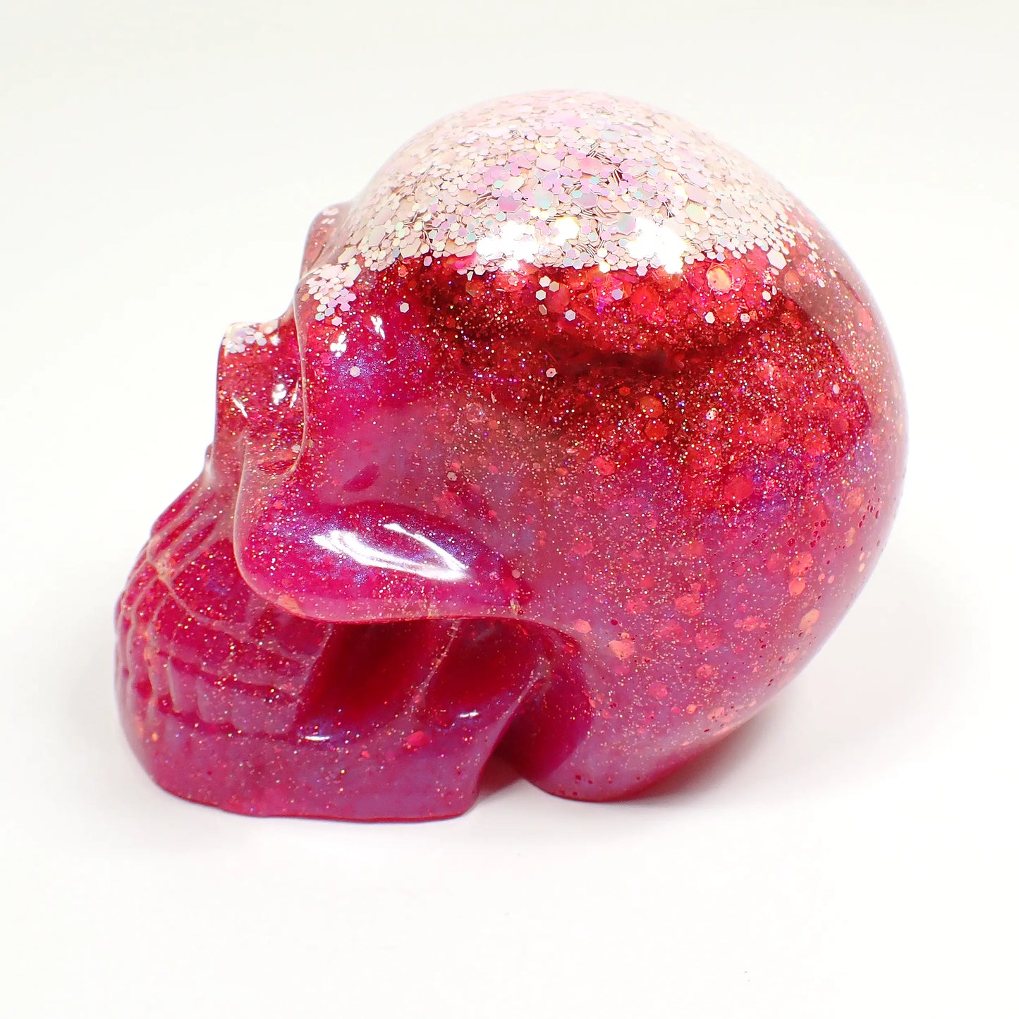 Handmade Bright Pink Resin Skull with Iridescent Glitter, Halloween Decor