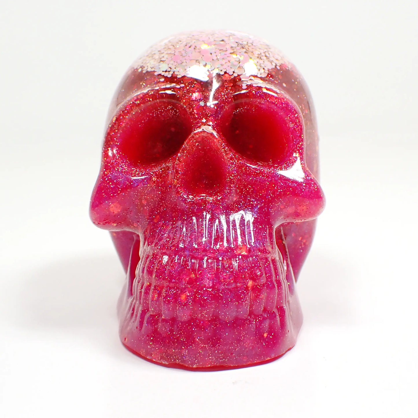 Handmade Bright Pink Resin Skull with Iridescent Glitter, Halloween Decor