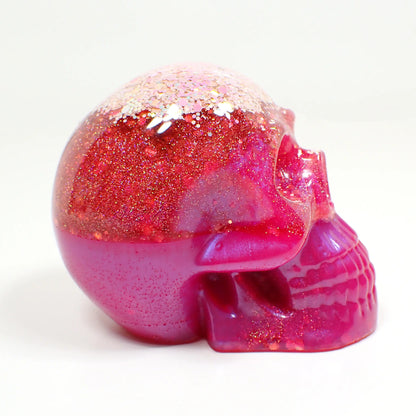 Handmade Bright Pink Resin Skull with Iridescent Glitter, Halloween Decor