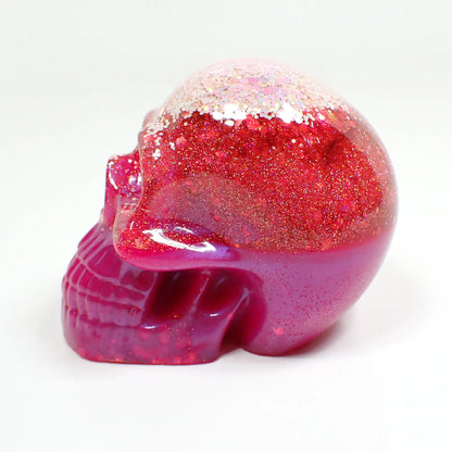 Handmade Bright Pink Resin Skull with Iridescent Glitter, Halloween Decor