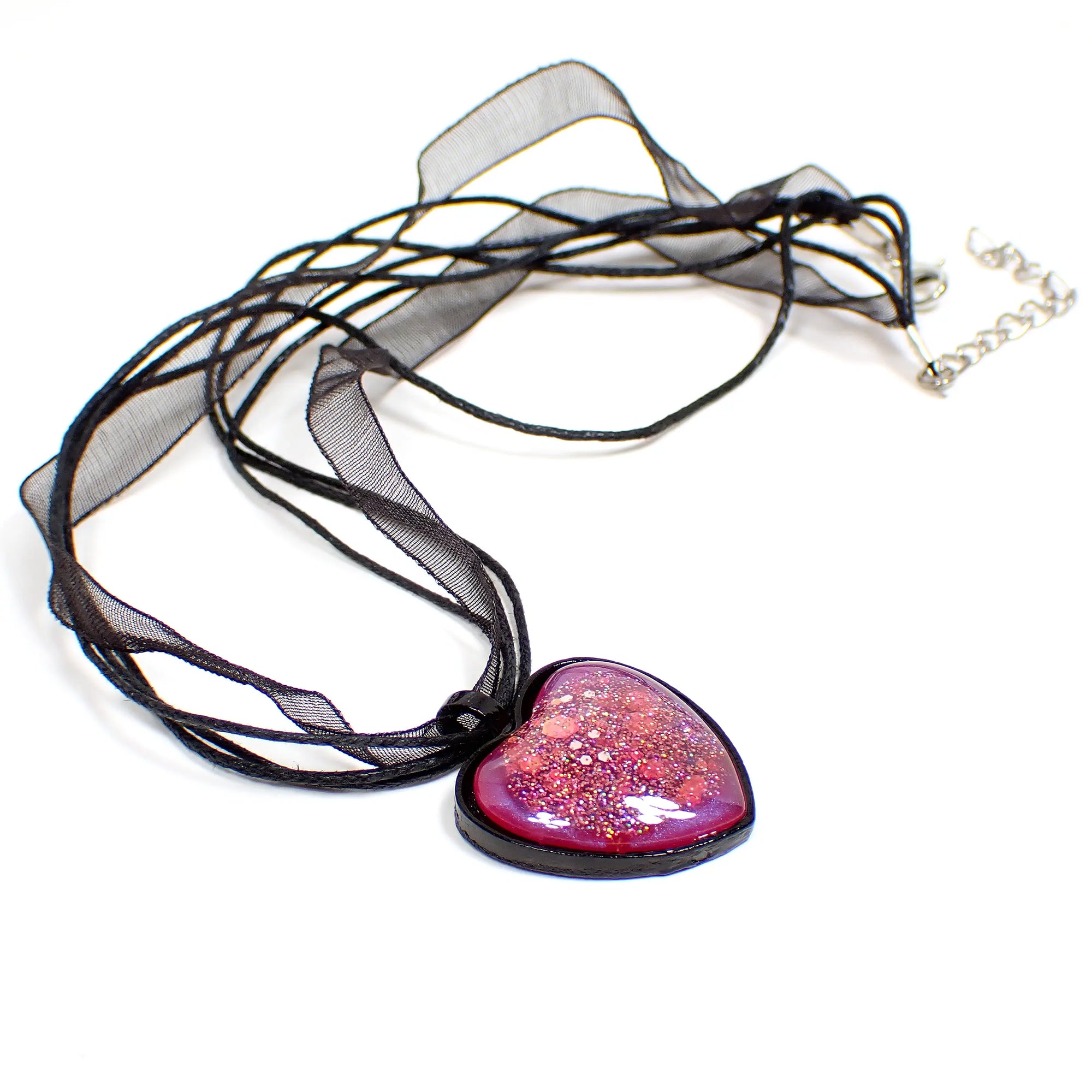 Handmade Bright Pink Resin Heart Pendant Necklace with Iridescent Glitter,  Gold Plated