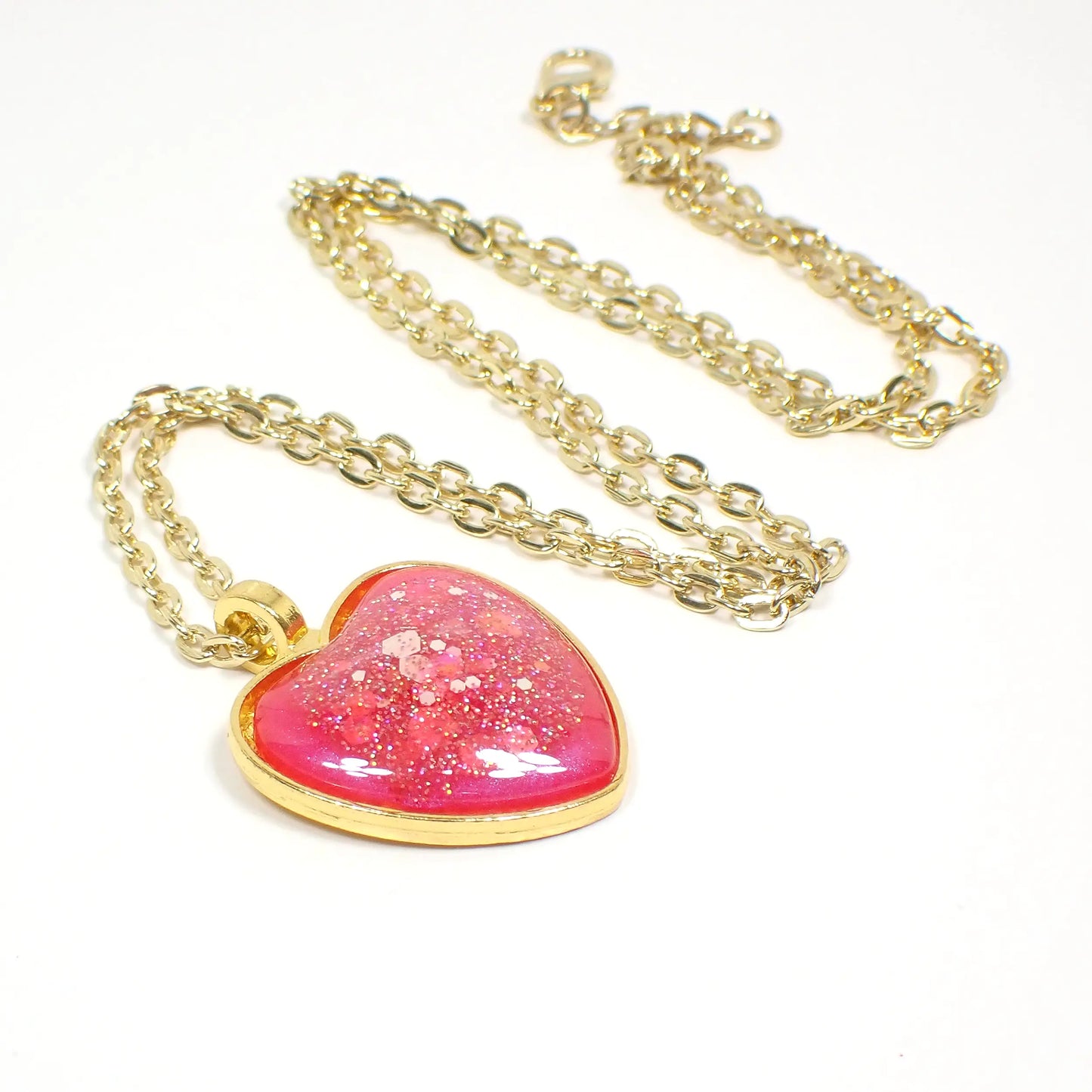 Handmade Bright Pink Resin Heart Pendant Necklace with Iridescent Glitter, Gold Plated
