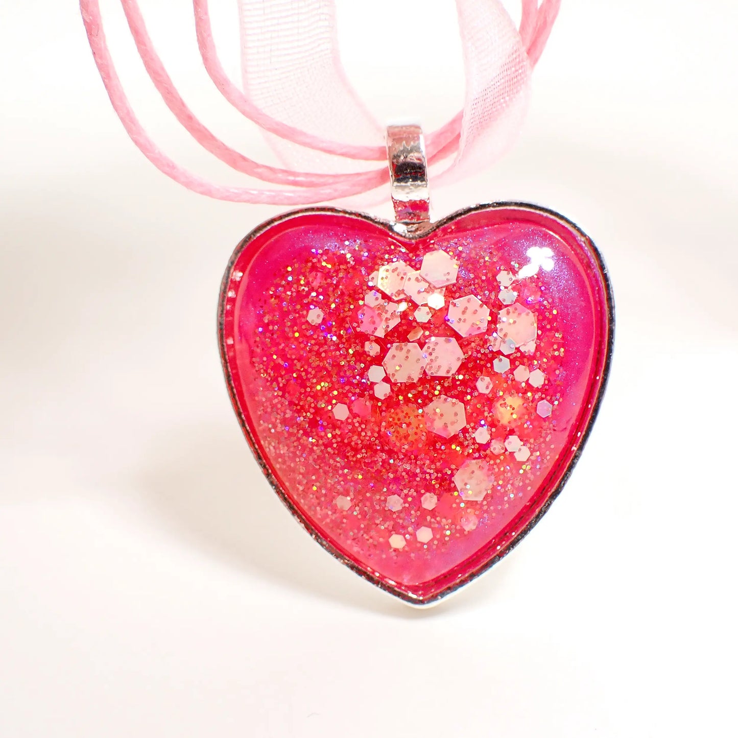 Handmade Pearly Bright Pink Resin Heart Pendant Necklace with Iridescent Glitter, Silver Plated
