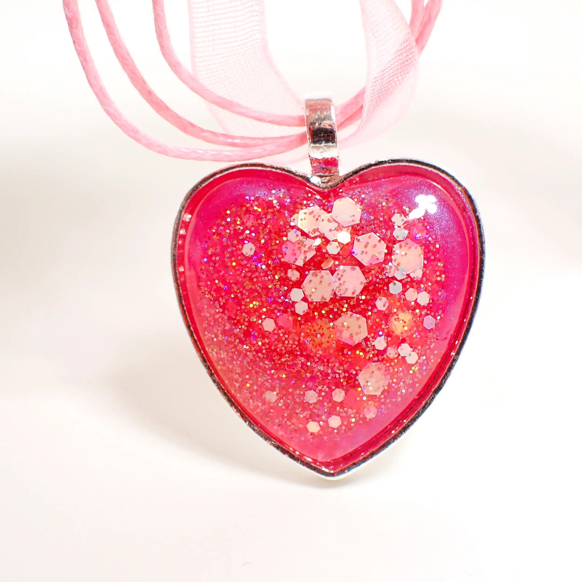 Handmade Bright Pink Resin Heart Pendant Necklace with Iridescent Glitter,  Gold Plated