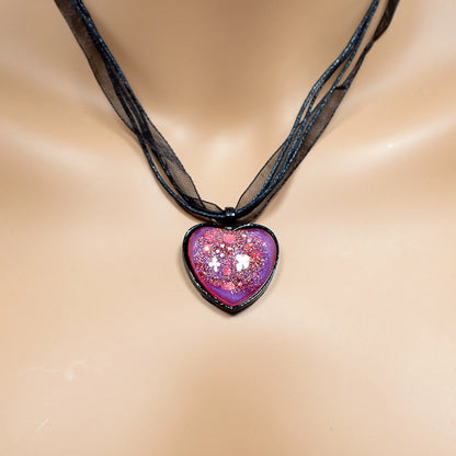 Handmade Bright Pink and Purple Resin Black Heart Pendant Necklace with Iridescent Glitter, Goth Jewelry
