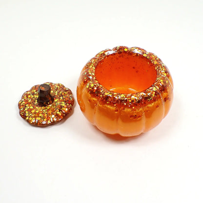 Pearly Orange Resin Handmade Pumpkin Trinket Box with Chunky Iridescent Glitter, Halloween Fall Decor