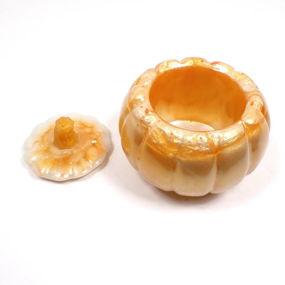 Pearly Golden Peach Resin Handmade Pumpkin Trinket Box, Halloween Fall Decor