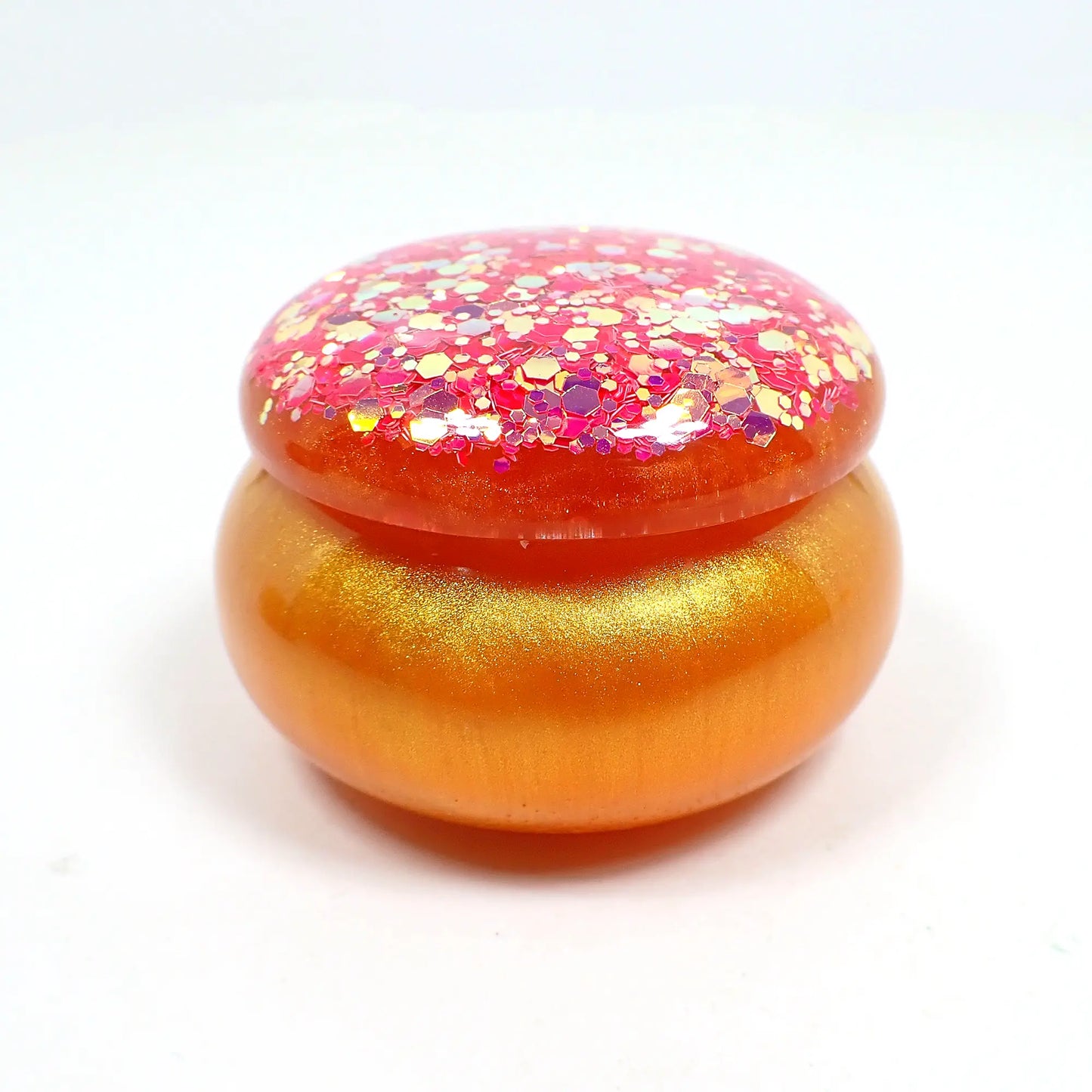 Small Pearly Orange and Gold Resin Handmade Round Trinket Box with Chunky Iridescent Pink and Yellow Glitter Lid
