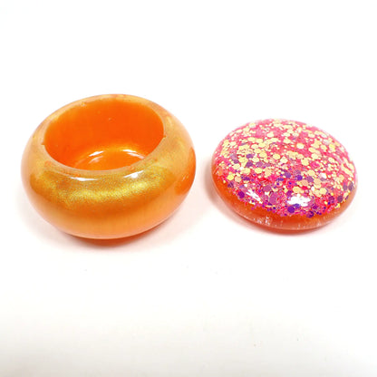 Small Pearly Orange and Gold Resin Handmade Round Trinket Box with Chunky Iridescent Pink and Yellow Glitter Lid
