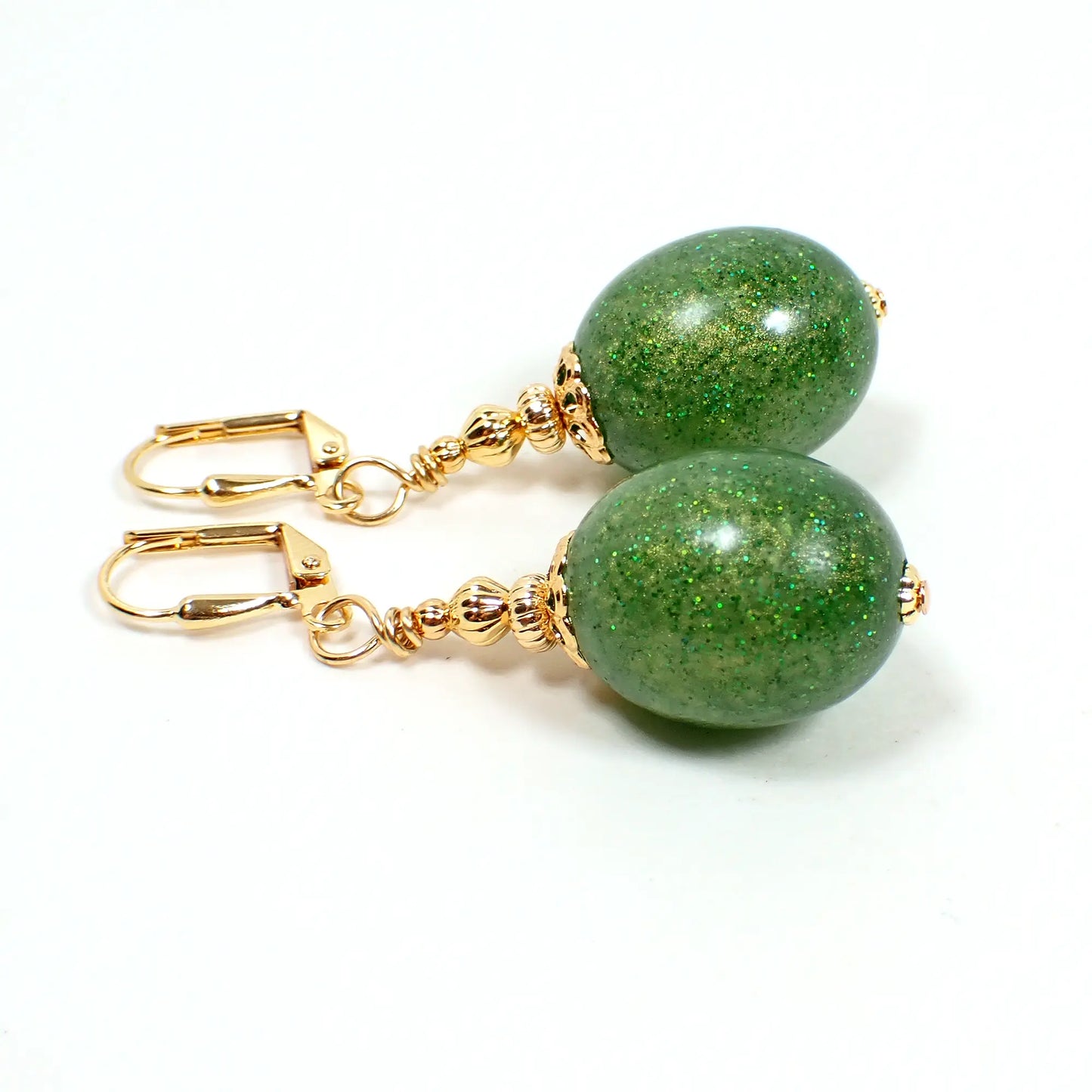 Handmade Green Glitter Resin Oval Drop Earrings Gold Plated Hook Lever Back or Clip On