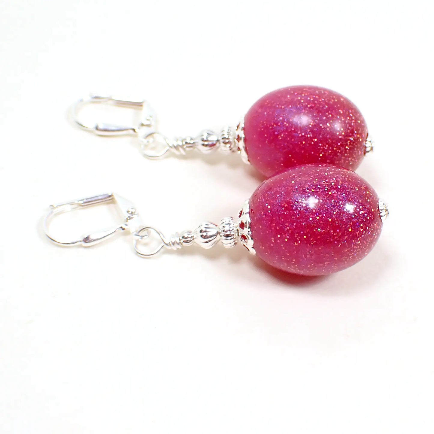 Handmade Pink Glitter Resin Oval Drop Earrings Silver Plated Hook Lever Back or Clip On