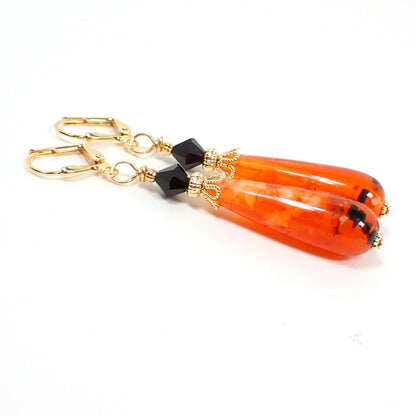 Orange Black and White Confetti Lucite Handmade Teardrop Halloween Earrings Gold Plated Hook Lever Back or Clip On