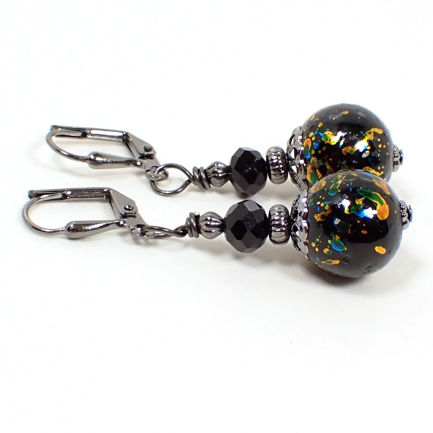 Metallic Splash Black Glass Beaded Handmade Round Drop Earrings, Gunmetal Plated, Hook Lever Back or Clip On