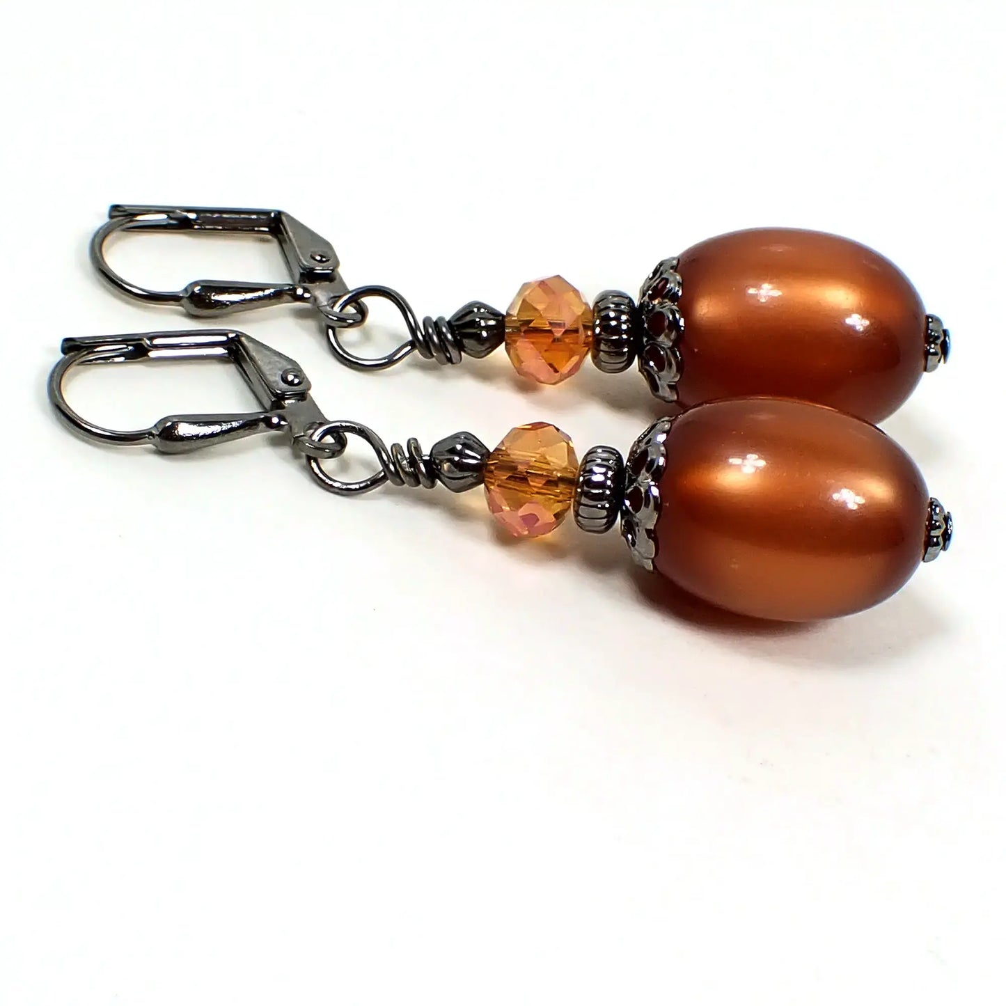 Golden Brown and Orange Moonglow Lucite Oval Handmade Drop Earrings Gunmetal Hook Lever Back or Clip On