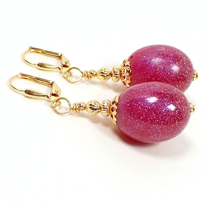 Handmade Pink Glitter Resin Oval Drop Earrings Gold Plated Hook Lever Back or Clip On