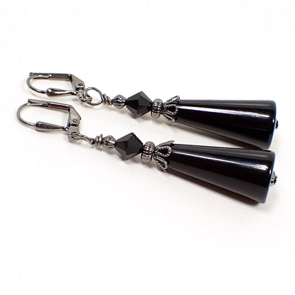 Black Lucite Handmade Cone Earrings Gunmetal Hook Lever Back or Clip On