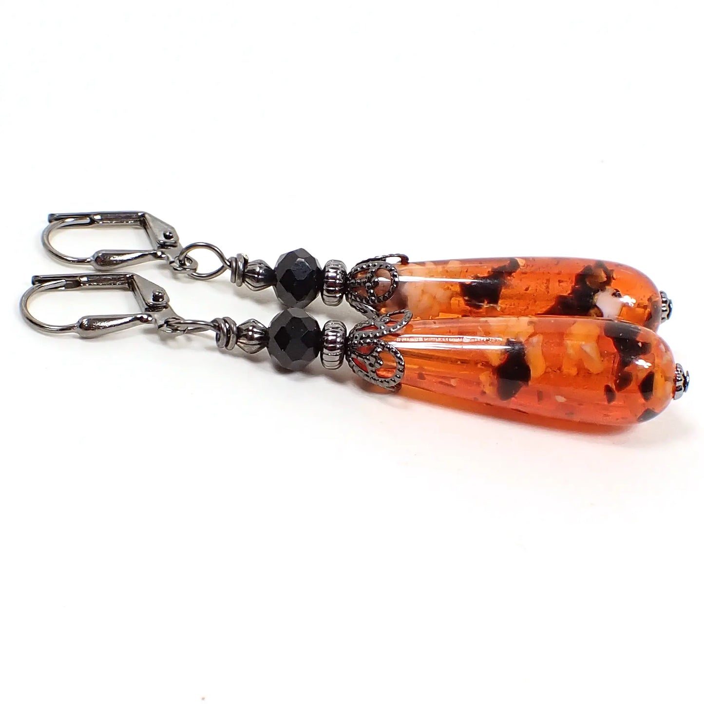 Orange Black and White Confetti Lucite Handmade Teardrop Halloween Earrings Gunmetal Hook Lever Back or Clip On