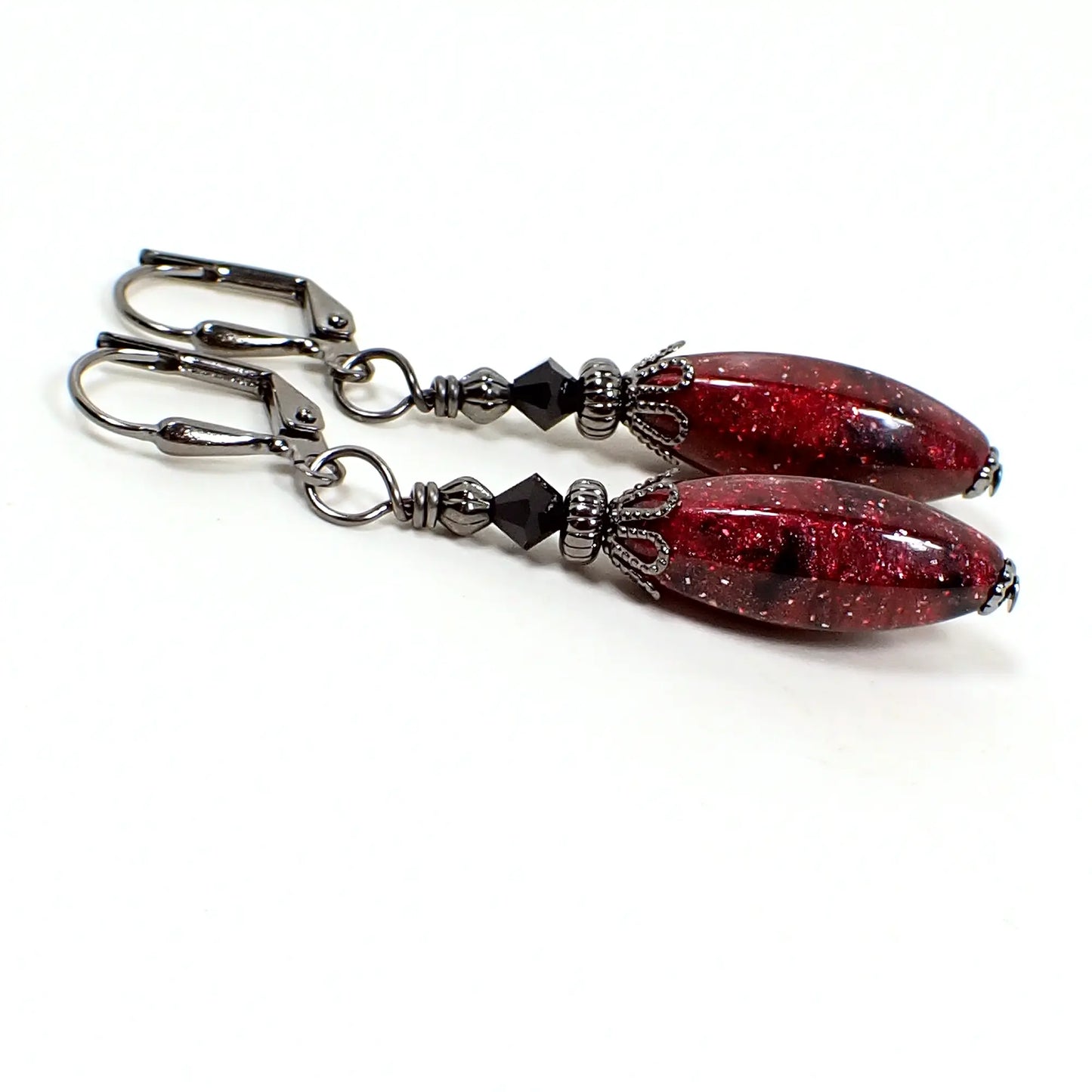 Red Pink and Black Lucite Handmade Galaxy Earrings Gunmetal Hook Lever Back or Clip On