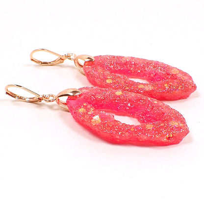 Faux Druzy Style Bright Pink Glitter Resin Handmade Geode Earrings, Rose Gold Plated, Hook Lever Back or Clip On