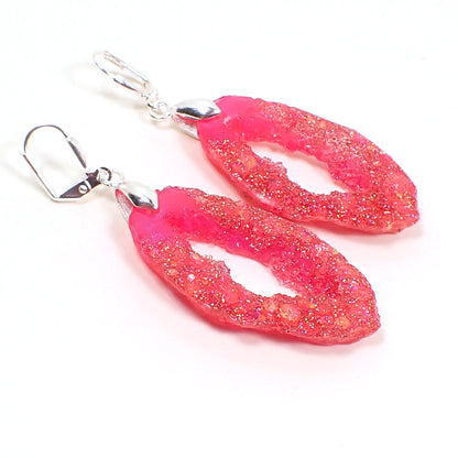 Faux Druzy Style Bright Pink Glitter Resin Handmade Geode Earrings, Silver Plated, Hook Lever Back or Clip On