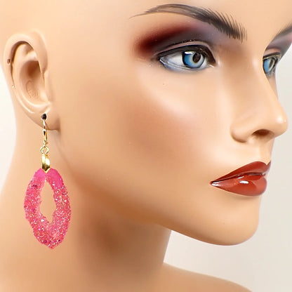 Faux Druzy Style Bright Pink Glitter Resin Handmade Geode Earrings, Gold Plated, Hook Lever Back or Clip On