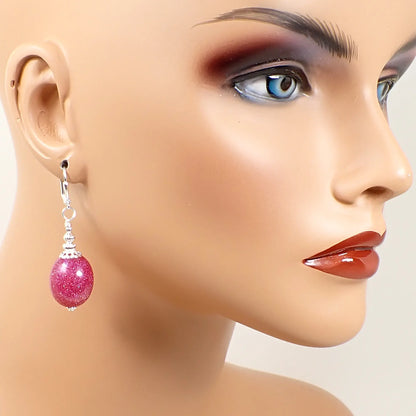 Handmade Pink Glitter Resin Oval Drop Earrings Silver Plated Hook Lever Back or Clip On