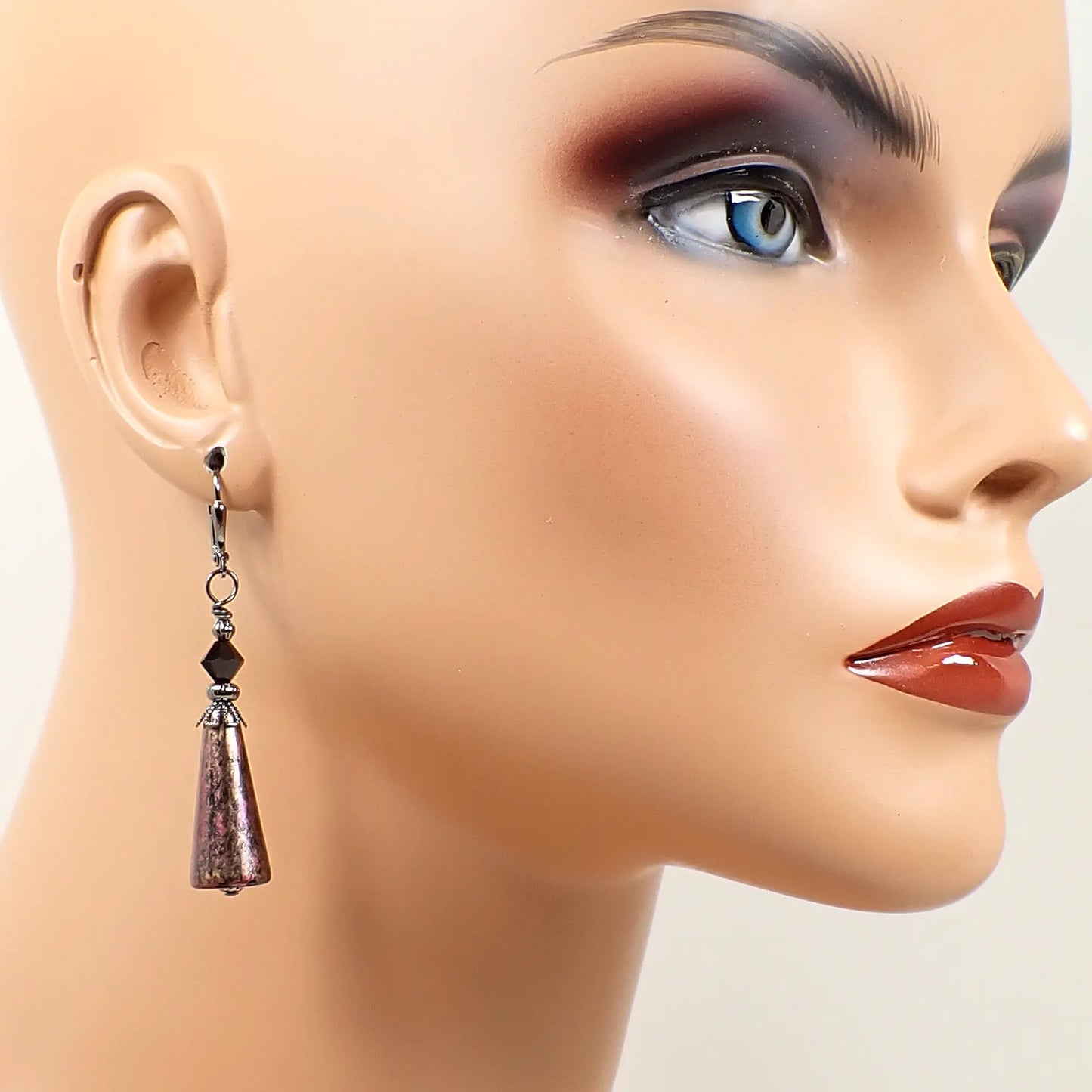 Metallic Pink and Gold Color Over Black Handmade Cone Earrings Gunmetal Hook Lever Back or Clip On
