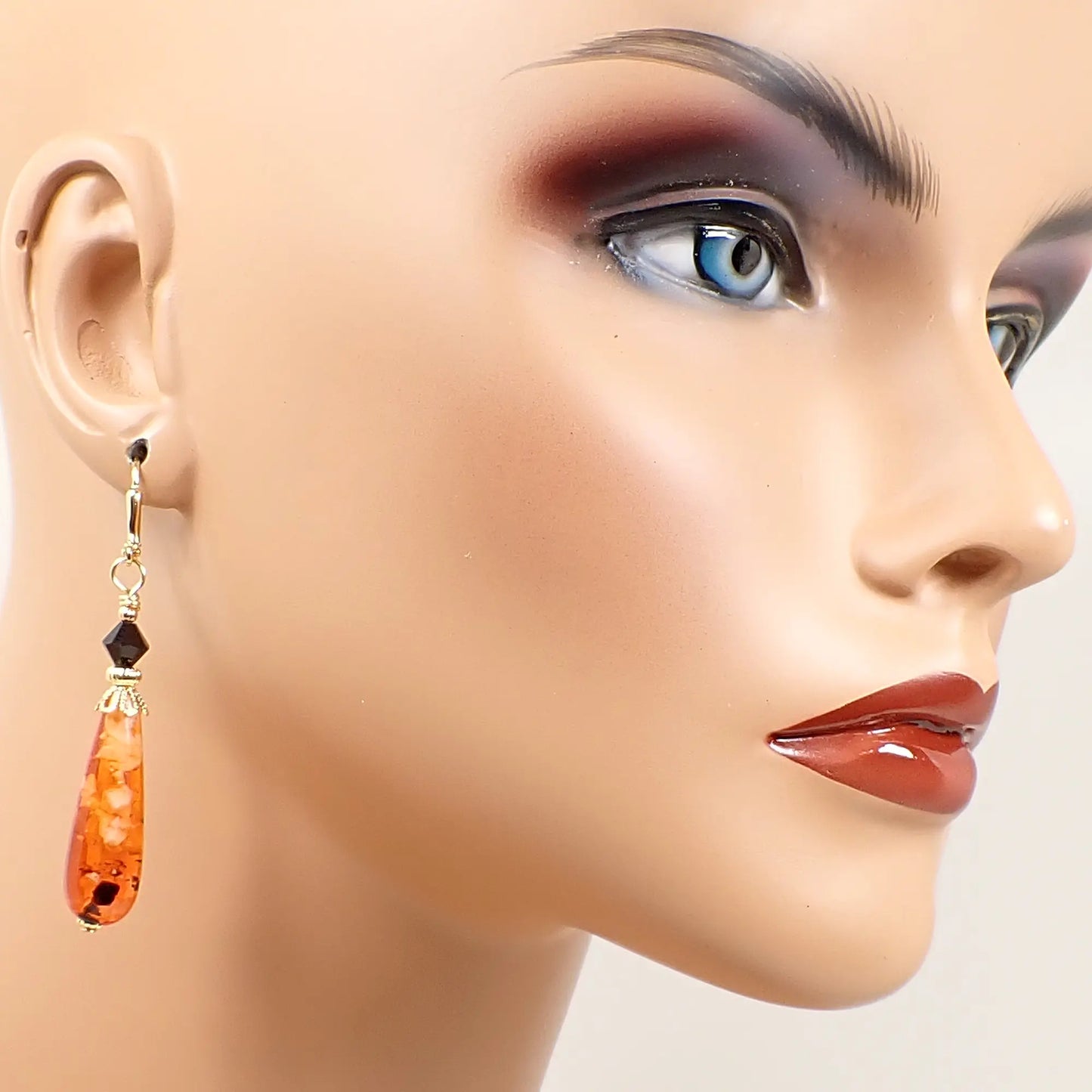 Orange Black and White Confetti Lucite Handmade Teardrop Halloween Earrings Gold Plated Hook Lever Back or Clip On