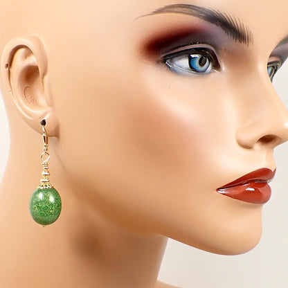 Handmade Green Glitter Resin Oval Drop Earrings Gold Plated Hook Lever Back or Clip On