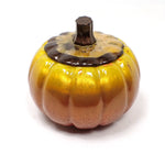 Side view of the handmade resin pumpkin trinket box. The lid has a pearly brown stem and a mix of pearly brown and gold color resin. The pumpkin part has shades of pearly yellow, then orange, then red at the bottom.