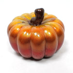 Side view of the small decorative handmade resin pumpkin. It has a pearly brown stem at the top. The rest of the pumpkin has shades of pearly yellow, orange, and red descending down the sides.