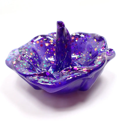 Pearly Blue Handmade Resin Flower Ring Dish Holder with Pink and Purple Iridescent Chunky Glitter