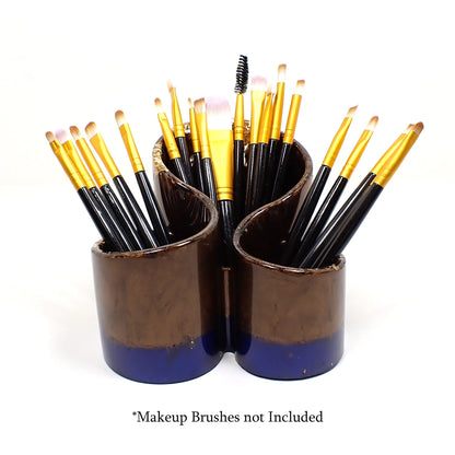 Handmade Brown and Dark Blue Pearly Resin Makeup Brush Holder with Metallic Gold Flakes, Pen Pencil Paintbrush Organizer